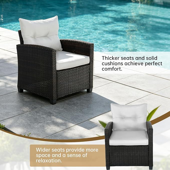 3 Pieces Patio Furniture Set,Outdoor Wicker Conversation Set,Outdoor Wicker Patio Chairs with Cushions & Glass Coffee Table,Bistro Set Outdoor for Porch (White)