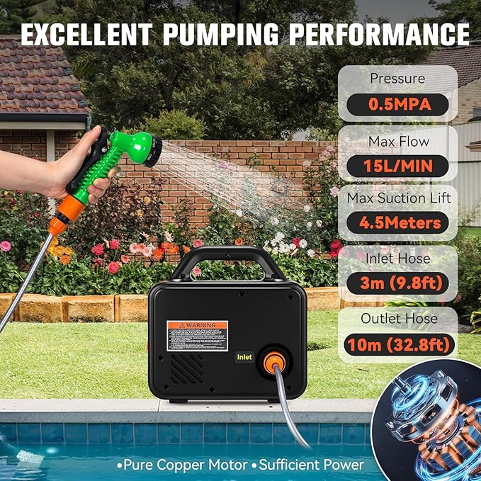 21V Battery Powered Water Pump 240GPH Cordless Water Transfer Pump Battery Operated with Garden Hose Nozzle 7 Spray Modes for Watering Car Washing Tub Fish Tank Inflatable Pool (Black)