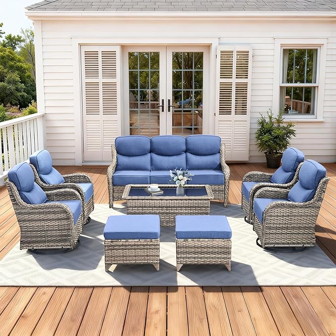 Luxury High Back Patio Furniture Set with 6-Inch Thick Cushions, 8-Pieces Outdoor Furniture with Swivel Chairs, Wicker Conversation Set for Porch, Balcony, Deck and Yard, Grey/Blue
