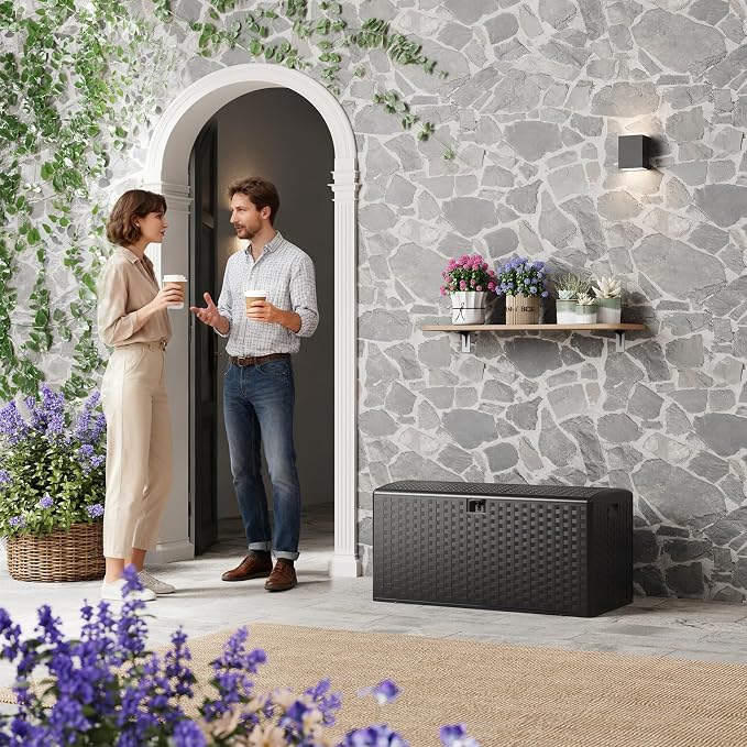 Takywep 100 Gallon Outdoor Storage Box, Waterproof Resin Deck Box with Lockable Lid, UV-Resistant Storage Bench for Patio Cushions, Garden Tools, Outdoor Furniture & Package Delivery Black
