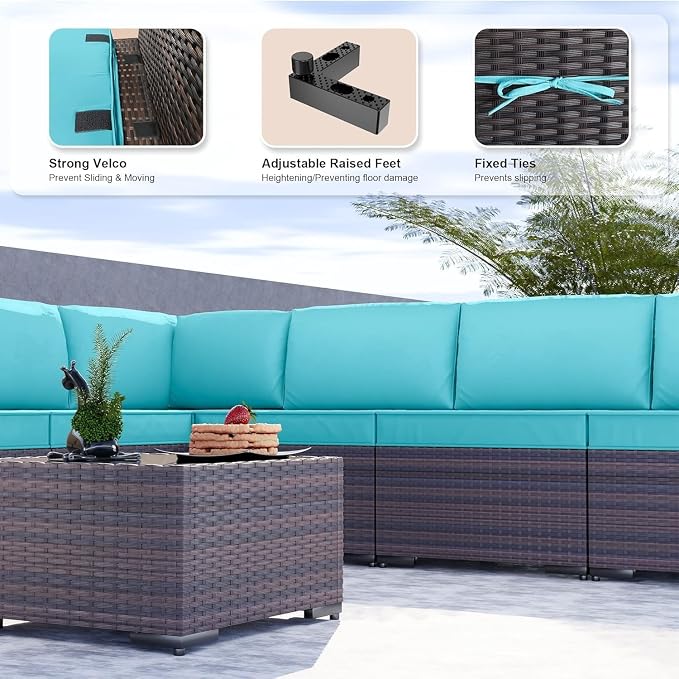 9 Pieces Outdoor Patio Furniture Set Brown Rattan Sectional Sofa with Manual Wicker, Cushions and Covers, Tempered Glass Tea Table Patio Conversation Set for Backyard Garden Lounge(Red)