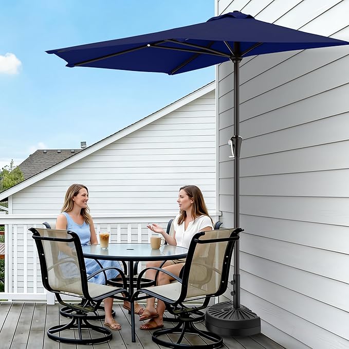 AreShark 9FT Half Patio Umbrella, Outdoor Wall Umbrella with Crank & 5 Sturdy Ribs, Table 1/2 Umbrella Patio for Garden, Deck, Balcony and Pool, Navy
