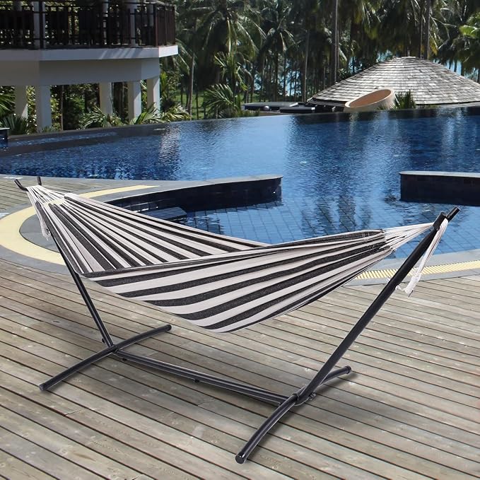 Lazy Daze Portable Hammock with Stand, Free Standing Hammocks for Indoor Outdoor Patio Yard, Has a Carrying Bag and Pillow, 9ft Hamacas Heavy Duty 2 Person Amaca 450 lbs Capacity(Black White)