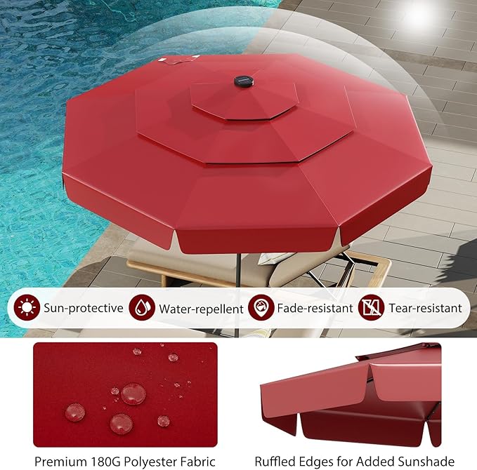 Tangkula 10 FT Solar LED Patio Umbrella, 3-Tiers Scalloped Outdoor Table Market Umbrella with 32 LED Lights, Tilt Adjustment, Crank, 8 Sturdy Ribs for Pool, Deck, Backyard (Burgundy)