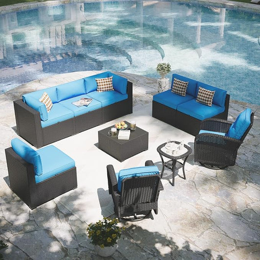 Aoxun Patio Furniture Set with Swivel Rocker Chairs, 10 Piece Outdoor Sectional Sofas, Wicker Rattan Outdoor Furniture with Thickened Cushion for Backyard, Garden Peacock Blue