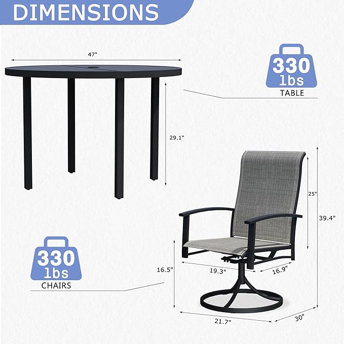 7 Piece Outdoor Patio Dining Set for 6, 47" Black Round Metal Table with 6 Grey Swivel Chairs, All-Weather Outdoor Furniture Set for Backyard, Lawn, Deck, or Poolside