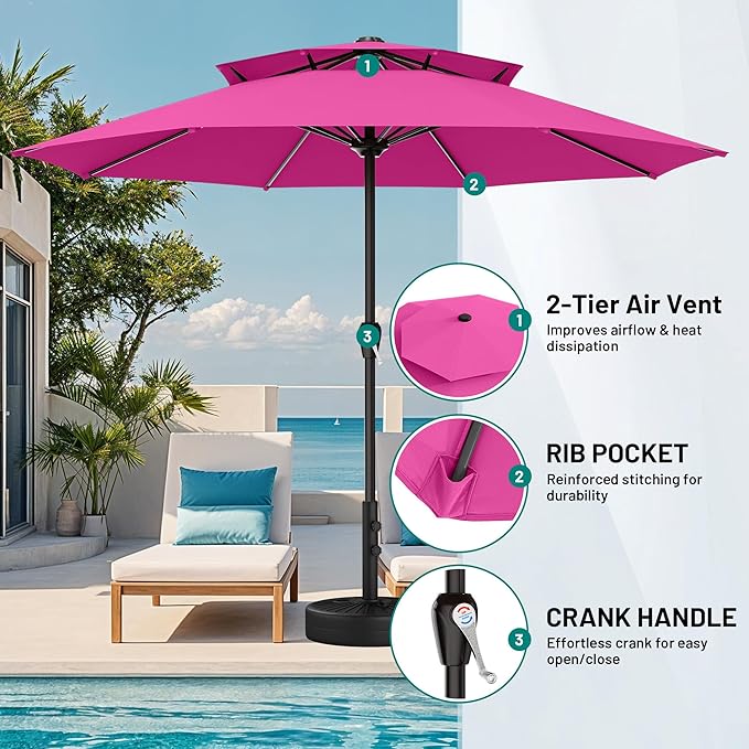 AreShark 12ft 2 Tiers Patio Umbrella - Outdoor Umbrella Waterproof UV Protection, Market Table Umbrella w/ 8 Sturdy Ribs&Crank for Pool, Porch, Garden(Rose Pink)