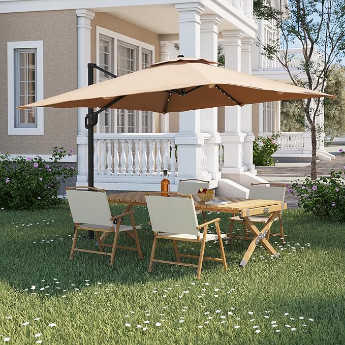 10x10 ft Double Roof Square Cantilever Patio Umbrella with Solar LED Lights & Cross Base – 360° Rotation, Heavy-Duty Sun Shade with Easy Tilt for Backyard, Poolside, and Garden Use, Navy Blue
