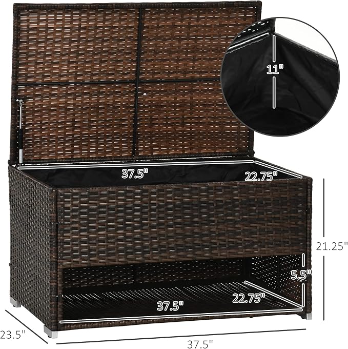 Outdoor Deck Box Shoe Storage, PE Rattan Wicker Towel Rack with Liner for Indoor, Outdoor, Patio Furniture Cushions, Pool, Toys, Garden Tools, Brown