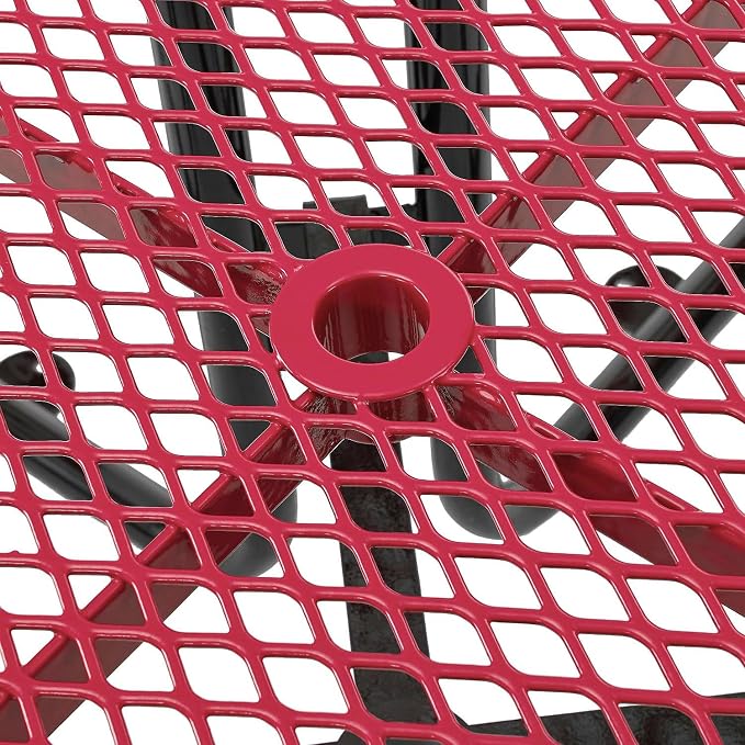 Global Industrial 46" Square Picnic Table with Backrests, Expanded Metal, Red Thermoplastic Coating, 1-1/2" Umbrella Hole, Outdoor-Rated, 1000 Lbs Capacity