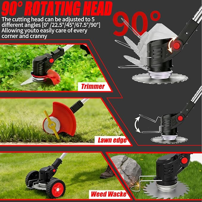 Electric Weed Wacker Cordless Eater, 21V String Trimmer Battery Powered with 2 Batteries, 3-in-1 Grass Trimmer/Lawn Edger/Brush Cutter with 4 Types Blades & Wheels, Weed Trimmer for Garden and Yard