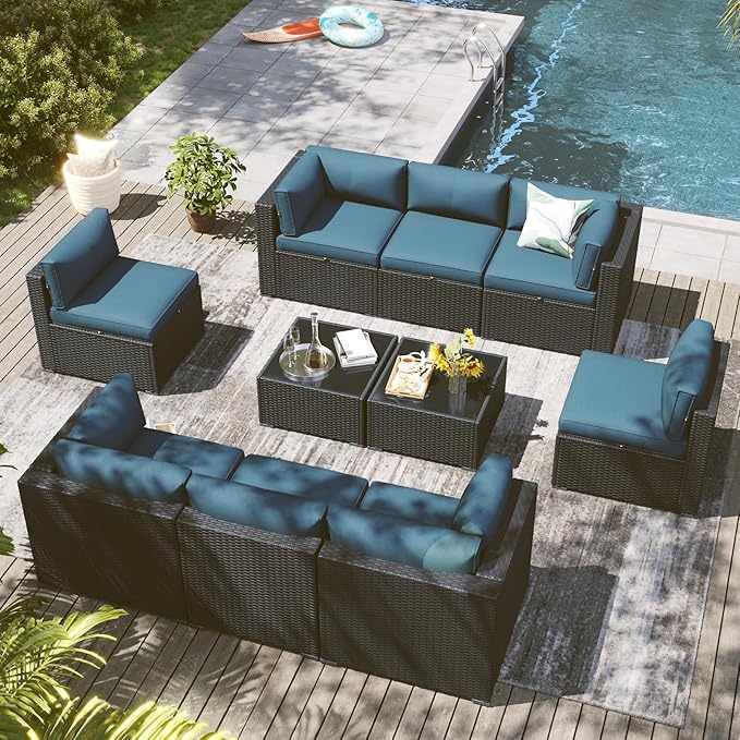 LazySunsets 10 Piece Outdoor Patio Furniture Set with Coffee Table, Outdoor Patio Furniture Sets with Waterproof Cover, Wicker Rattan Outdoor Conversation Set for Backyard & Garden, Peacock Blue