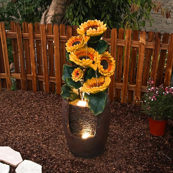 YZM Cascading Sunflower Water Fountain 39.7 Inch Tall 4-Tier Outdoor Fountain for Garden Patio Backyard Freestanding Decorative Waterfall with Lights