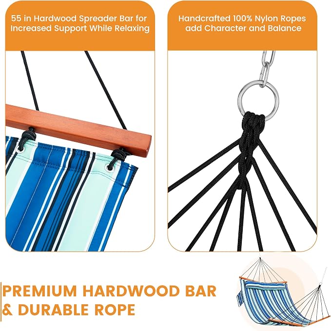 Lazy Daze Hammocks 12FT Quilted Double Hammock with V-Spreader Bar, 2 Person Portable Hammock with Nylon Rope, Side Pocket and Pillow, 450lbs Capacity, Includes Carry Bag for Outside, Blue Stripes