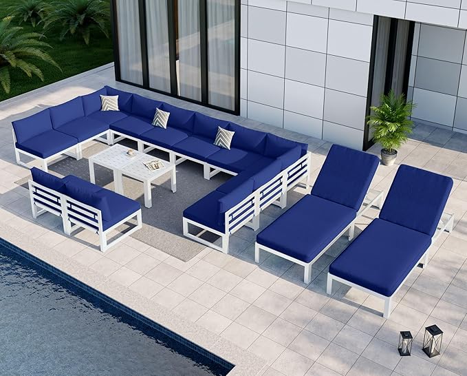 NICESOUL 16 Pcs Extra Large Modern Aluminum Outdoor Sofa with Chaise, 29" Deep Wide Seat, 500 lbs Durable Sectional Set for Heavy People, Water Resistant Patio Furniture Set for Backyard, Navy Blue