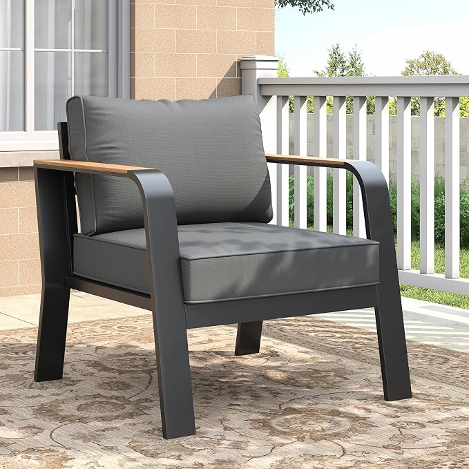 Garvee Aluminum Outdoor Patio Furniture 2 Pcs Single Cushioned Sofa Armchair All-Weather Metal Outside Furniture with Washable Thick Cushion Outdoor Sofa for Garden Balcony Deck Backyard, Dark Grey
