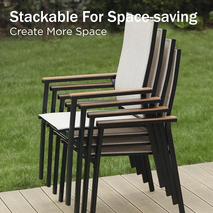PHI VILLA 5 PCS Patio Dining Set, 4 Outdoor Aluminum Stackable Sling Chairs with Armrest & 1 Square Metal Dining Table with 1.57" Umbrella Hole, Outdoor Furniture for Deck, Beige