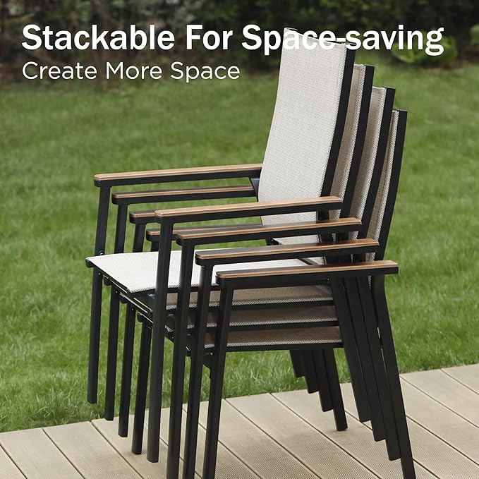 PHI VILLA Round Outdoor Dining Set for 4 with Aluminum Chairs, Beige | Stackbale chairs, Breathable & quick-drying sling, Light-weight & space-saving, Metal Table, Umbrella Hole, Patio deck