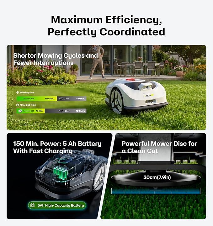 Raccoon 2 SE Robot Lawn Mower with Replaceable Front Wheels, Auto Mapping Robotic Lawnmower for 0.15 Acre with APP Control, Vision Navigation, 20°Slope, Ideal Robot Mower for Small Lawns