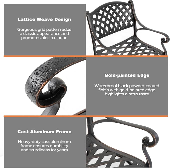 NUU GARDEN 5 Piece Outdoor Patio Dining Set, Cast Aluminum Round Dining Table with Umbrella Hole and Patio Dining Chairs for Patio, Garden, Backyard, Balcony, Black with Bronze Edge