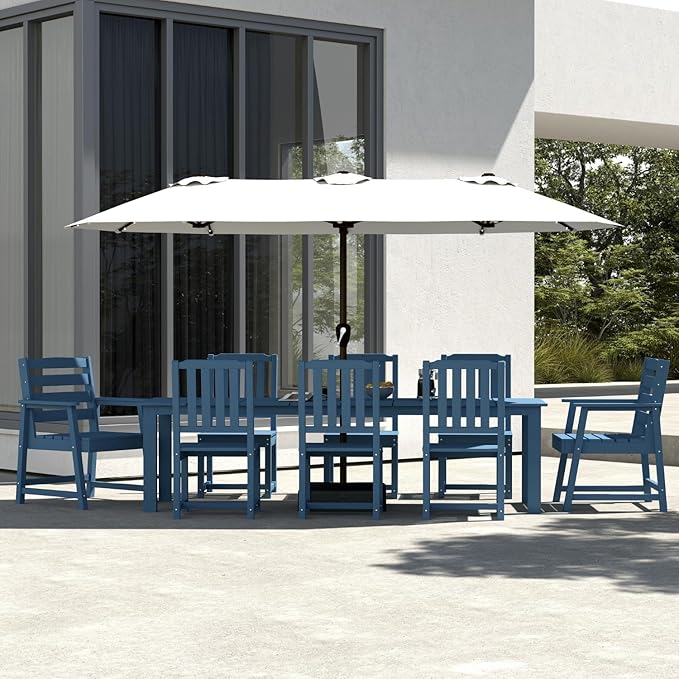 9-Piece Outdoor Dining Set for 8, 75.2" HDPE Table with Umbrella Hole & 8 Chairs, All-Weather Patio Furniture for Lawn, Yard, Deck, or Poolside, Fade & Crack Resistant (Navy Blue)