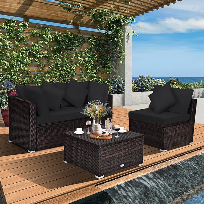Tangkula 4 PCS Patio Rattan Sofa Set, Outdoor Wicker Sectional Furniture Set, Patio Conversation Set with Removable Cushions & Pillows for Backyard Porch Garden Poolside Balcony (Black)