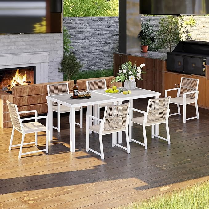 Outdoor Patio Wicker Rattan Dining Chairs, Heavy-Duty Wrought Iron Frame Supports 400lbs, Ergonomic Backrest, Detachable Breathable Cushion, for Garden & Porch, White, Set of 2