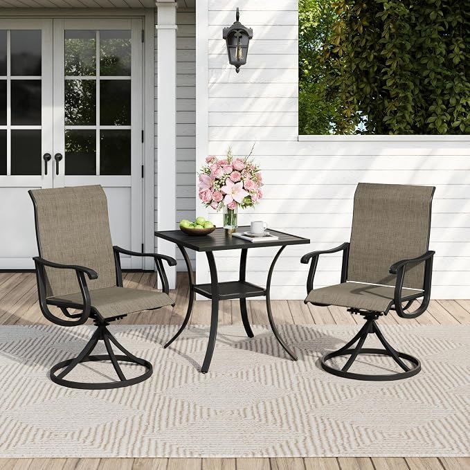 Outdoor Dining Set for 2, 28" Metal Square Outdoor Dining Table and Sling Patio Swivel Chairs, 3 Pieces Patio Table and Chairs Set for Garden Backyard, Mixed Brown and Black