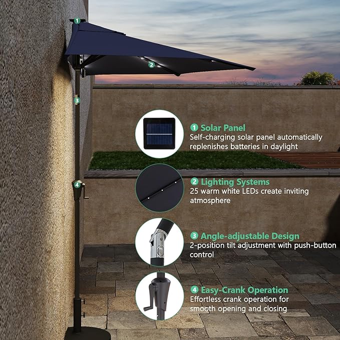 Helios&Hestia 9 ft Small Half Round Solar Powered Wall Outdoor Market Patio Umbrella with LED Lights and Tilt for Garden, Deck, Balcony