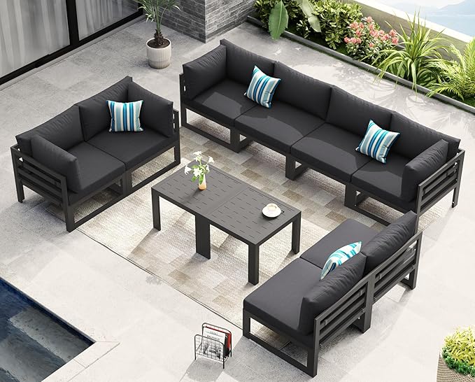 NICESOUL Aluminum Patio Furniture Set 8 Seat, 29" Deep Seating, Modern L Shaped Modular Outdoor Sectional Sofa with Coffee Table, Oversized Comfortable Conversation Set for Backyard Garden, Dark Gray