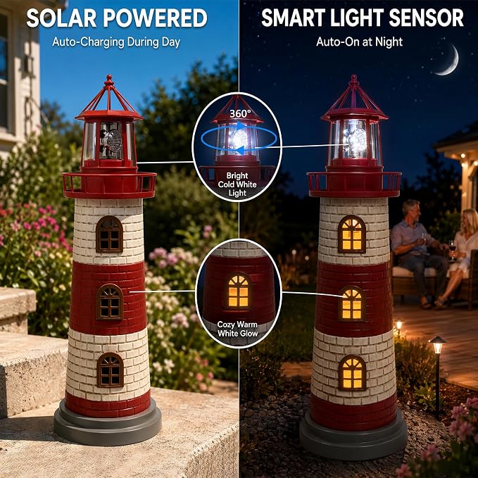 Large Garden Statues 23" Coastal Garden Decor for Outside - Lighthouse Solar Lights Outdoor Waterproof Patio Lawn Yard Decorations, Unique Housewarming Gift Garden Gifts for Family Friends (Red)
