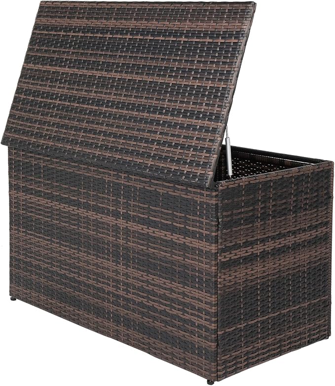 Henf Outdoor Wicker Storage Box Patio Rattan Deck Box with Double Doors & Shelf, All Weather Patio Furniture Storage Organizer for Storing Tools, Accessories and Toys (Brown)