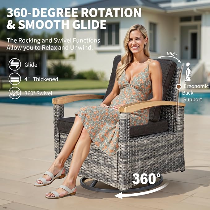 MEISSALIVVE 9-Piece Half-Moon Curved Outdoor Patio Furniture Set, Sectional Conversation Sofa with 2 Swivel Glider Chairs, Coffee & Side Tables for Backyard Deck Garden, Black