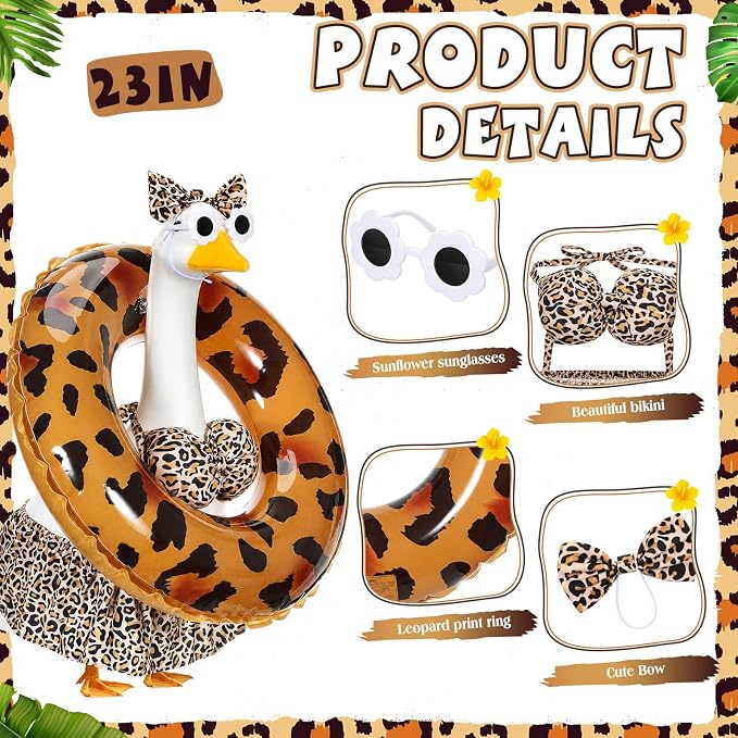 Bikini Porch Goose Outfits with Sunglasses and Swimming Tube for 23" Summer Goose Costume Garden Patio Statue Decor(Leopard Print)