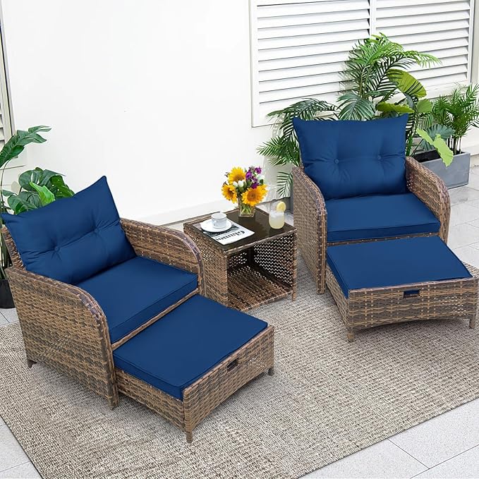 5 Piece Outdoor Patio Chair with Ottomans and Table PE Wicker Rattan Patio Conversation Furniture Set Space Saving Design Wicker Outdoor Chairs Set for Front Porch (Blue Cushion Brown Rattan)