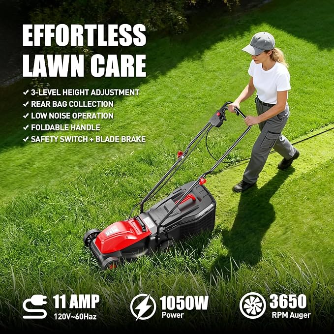 MECHOS 120V Electric Lawn Mower，1050W Corded Yard Power Rake Tool Machine for Grass Thatch Removal (Electric Corded Lawn Mower)