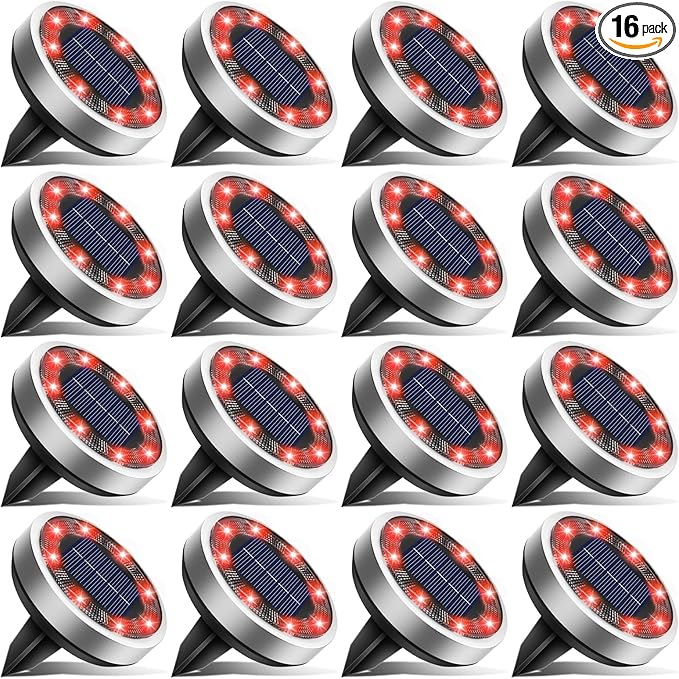 btfarm 16 Pack Solar Lights Outdoor, 8 LED Solar Ground Lights IP65 Waterproof Flat Solar Disc Light, Pathway Lights for Garden Lawn Patio Yard Path Landscape, Red