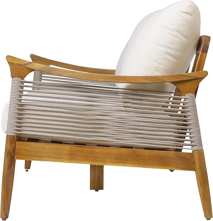 Merax Acacia Wood Patio 3-Seater Sofa with Rope & Cushions | Teak-Finish Acacia Frame, Woven Rope Design, 6-Inch Cushion And Deep Seating For Porch, Garden, Backyard Or Balcony