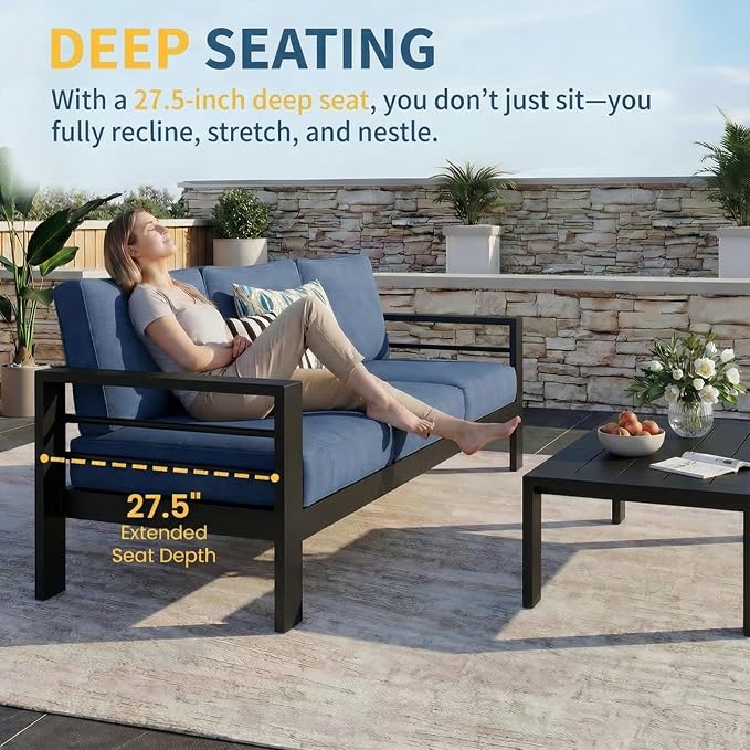 Wisteria Lane Aluminum Patio Furniture Set for All Weather, Oversized Metal Outdoor Furniture Set with 27.5" Deep Seat and Thick Back Cushion, Outdoor Patio Conversation Sets with Wide armrest, Blue