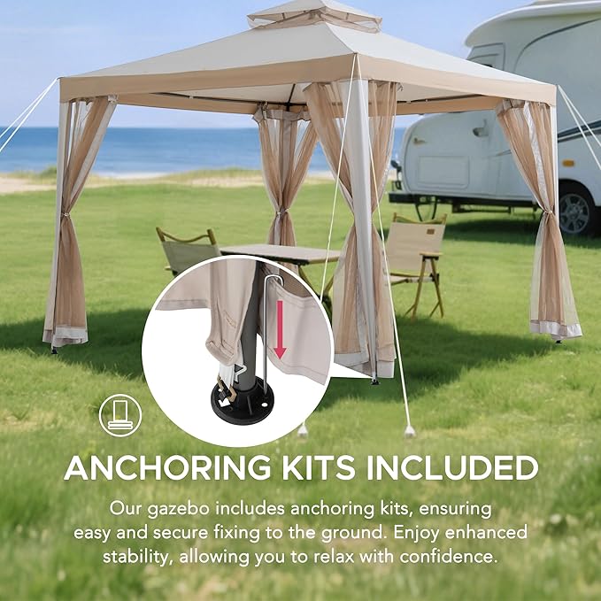 Sunjoy 10 x 10 ft. Soft Top Gazebo, Outdoor Patio Backyard Modern 2-Tier Steel Frame Gazebo with Mesh Netting - Grey & Khaki