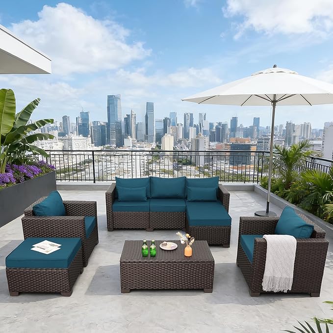 Patio Outdoor Furniture Conversation Sets 6 Pieces Wicker Sofa Set with Outdoor Couch Patio Chairs and Storage Table Non-Slip Cushions Waterproof Covers, Peacock Blue