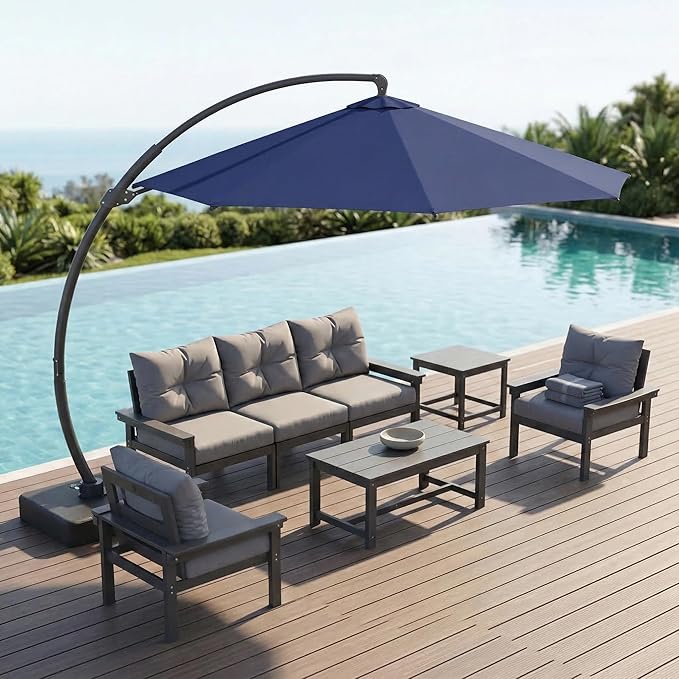 11 FT Cantilever Umbrella with Base Included, Large Round 360° Rotation Offset Umbrella Outdoor Patio, Heavy Duty Aluminum Frame, Sand-Weighted Stand, for Deck, Backyard, Pool, Garden (Navy Blue)
