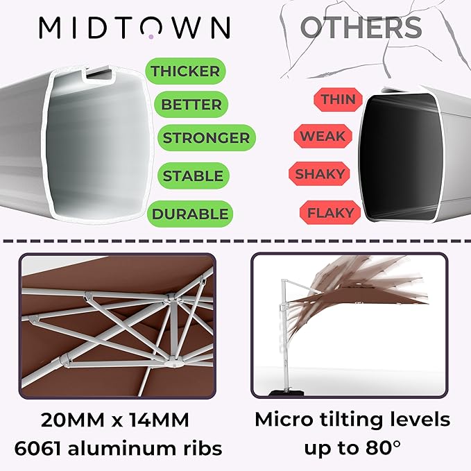 Midtown Umbrellas 10 Ft Outdoor Cantilever Patio Umbrella w/Sunbrella Bay Brown - Tilt 360° Rotate Offset Patio Umbrella, Deck Patio Umbrella, Backyard Umbrella & Garden Umbrella - Silver Frame
