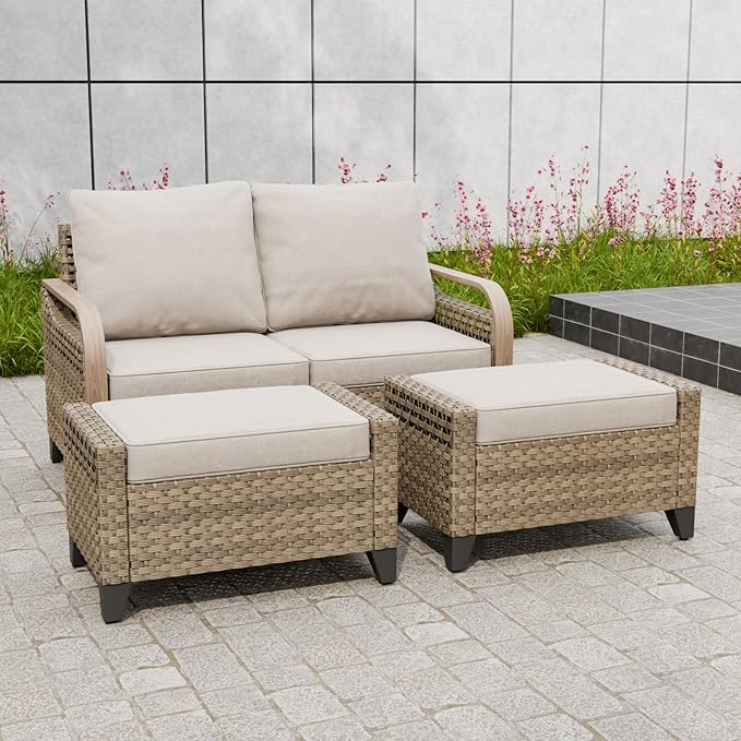Modern Wicker Patio Furniture Set, Rattan Outdoor Conversation Set with Comfortable Cushions, 2 Seat Loveseat and 2 Ottomans, 3 Pieces, Brown/Gray