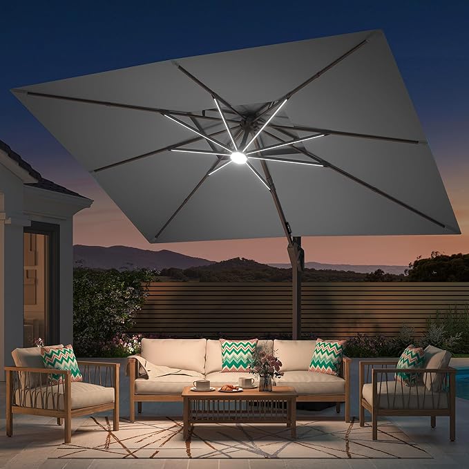 Deconk 9' X 12' Patio Umbrella with Weighted Base and LED Lights Outdoor Cantilever Large Rectangle Offset Umbrellas Heavy Duty Aluminum Double Top with 360-degree Rotation for Pool Garden Deck, Grey