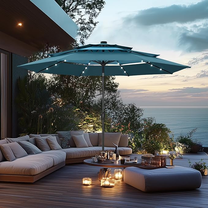 PHI VILLA 10ft Patio Umbrella with Solar Lights, Outdoor 3 Tier Vented Large Market Table Umbrella for Lawn Poolside Garden Terrace, Peacock Blue & Cerulean (No Base)