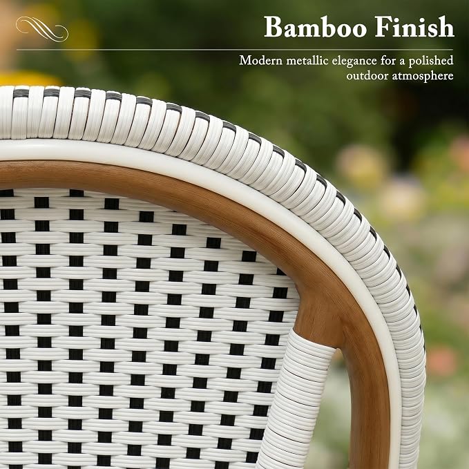 PURPLE LEAF 3-Piece French Bistro Dining Set Round Outdoor Patio Table and 2 Armless Chairs Tempered Glass Top PE Rattan Bamboo Print Finish Aluminum Frame White