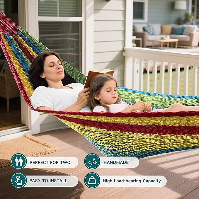 Handwoven Mayan Hammock with S Hooks - Breathable Open Weave for 1-2 Adults, Portable with Carry Bag by Bathonly (Backyard, Camping, Beach) - Multicolor
