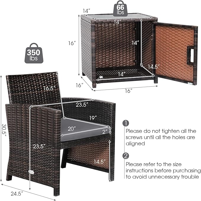 COSTWAY 3 Pieces Patio Rattan Furniture Set, Outdoor Wicker Cushioned Chairs Set with Side Storage Table, Patio Conversation Sets for Backyard, Poolside, Front Porch, Balcony, Garden, Grey