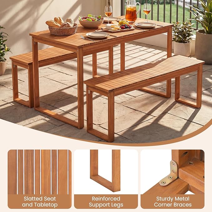 Tangkula 3 Pieces Patio Wooden Dining Set, Acacia Wood Rectangular Picnic Beer Table with 2 Benches for 4 People, Outdoor Dinner Furniture Set for Backyard, Garden and Poolside